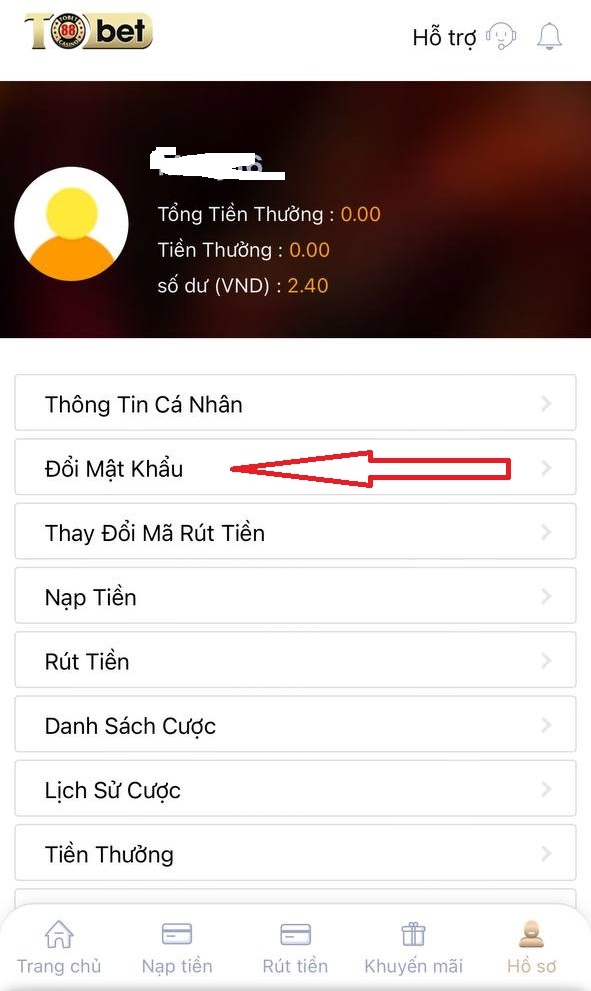 Cách đổi mật khẩu tài khoản Tobet88 đổi mk 2