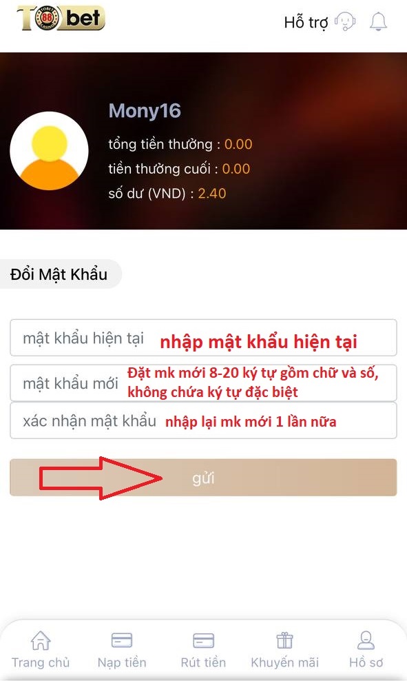 Hướng dẫn đổi mật khẩu đăng nhập Tobet88 đổi mk 3